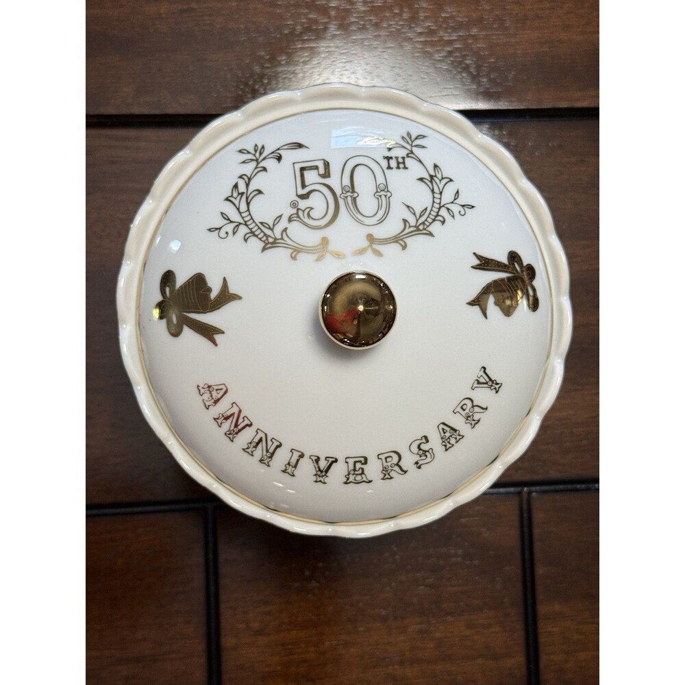 Lefton China 50th Anniversary 3 Footed Candy Dish Bowl w/Lid #997 Gold Trim  Vtg